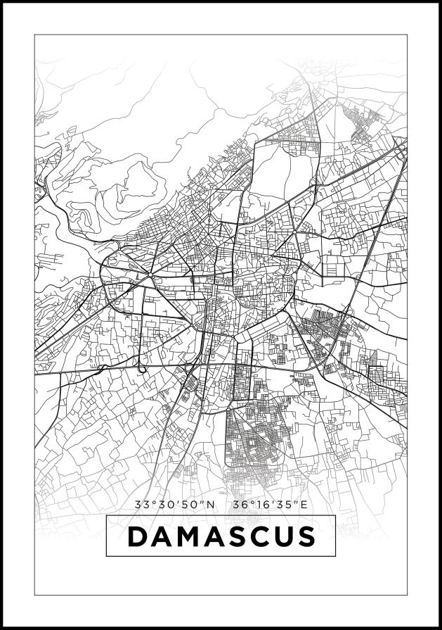 Térkép - Damascus - Fehér Poszter