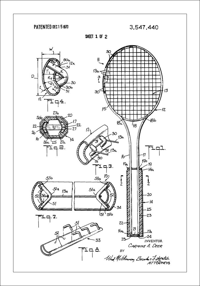 Patent Print - Tennis Racket - White Poszter