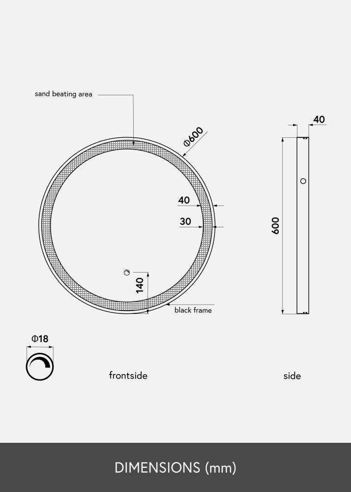 KAILA Tükör Fekete LED 60 cm Ø