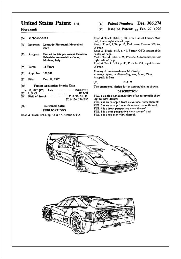 Szabadalmi rajz - Ferrari F40 ban Poszter