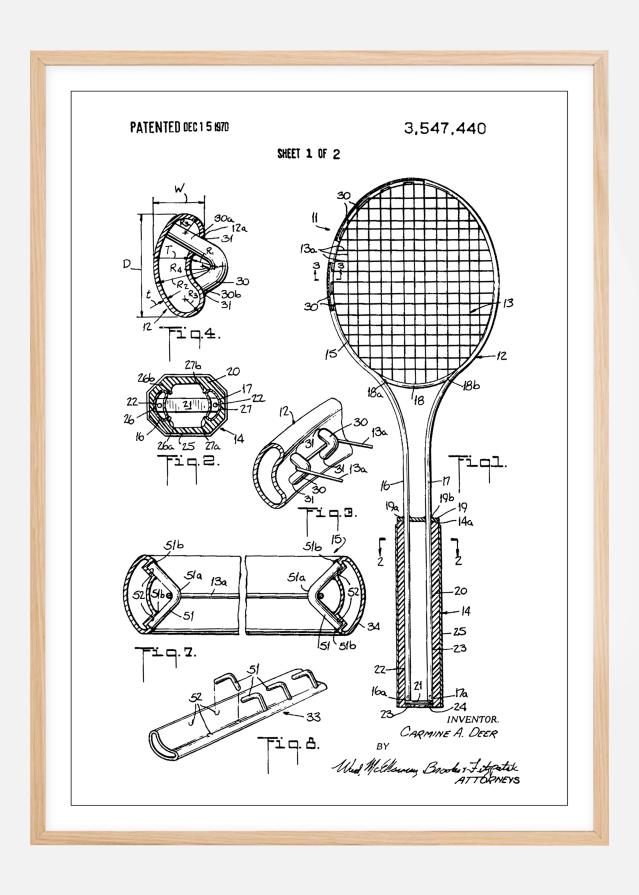 Patent Print - Tennis Racket - White Poszter