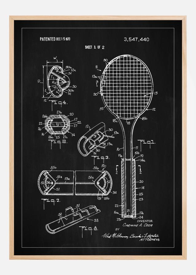 Patent Print - Tennis Racket - Black Poszter