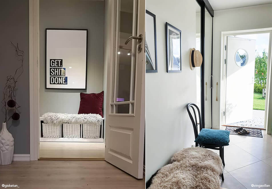 Előszobai berendezés – tárolós ülőpad, fekete szék és képek