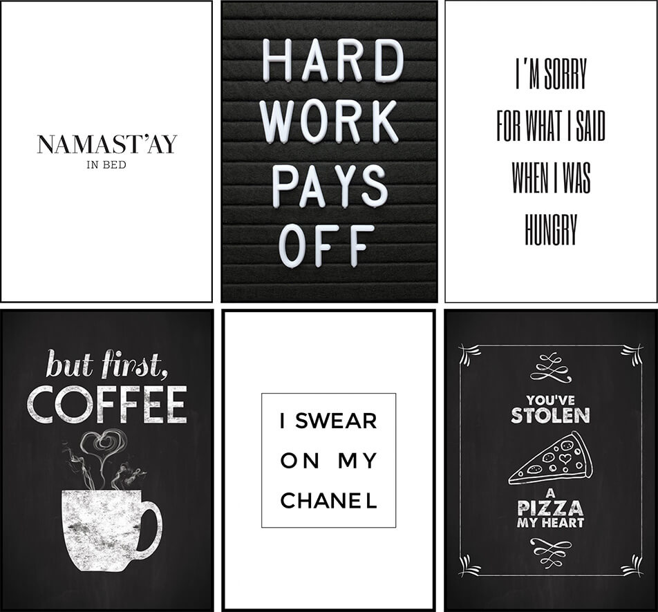 Fekete-fehér poszterek szövegekkel és idézetekkel